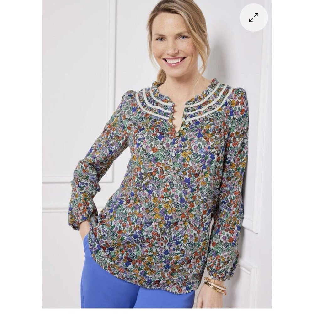 Talbots Buoyant Ditsy Popover Blouse Petite Lp Ruffles Prairie Cottage Multicolo